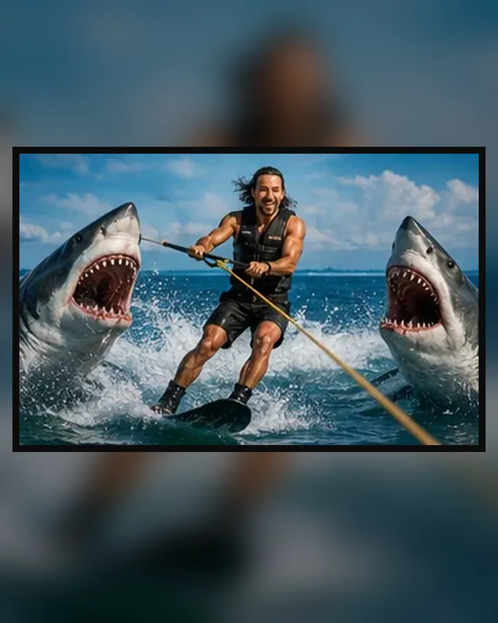 Ryan Bounds water skiing between sharks